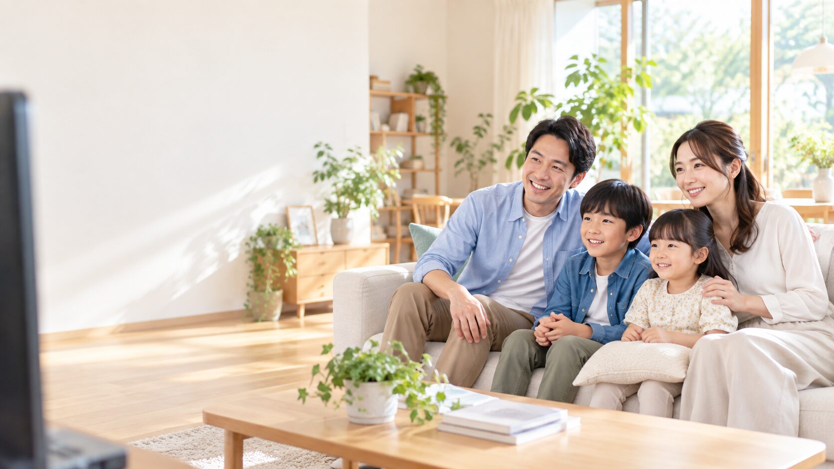 明るいリビングでテレビを楽しむ家族のイメージ